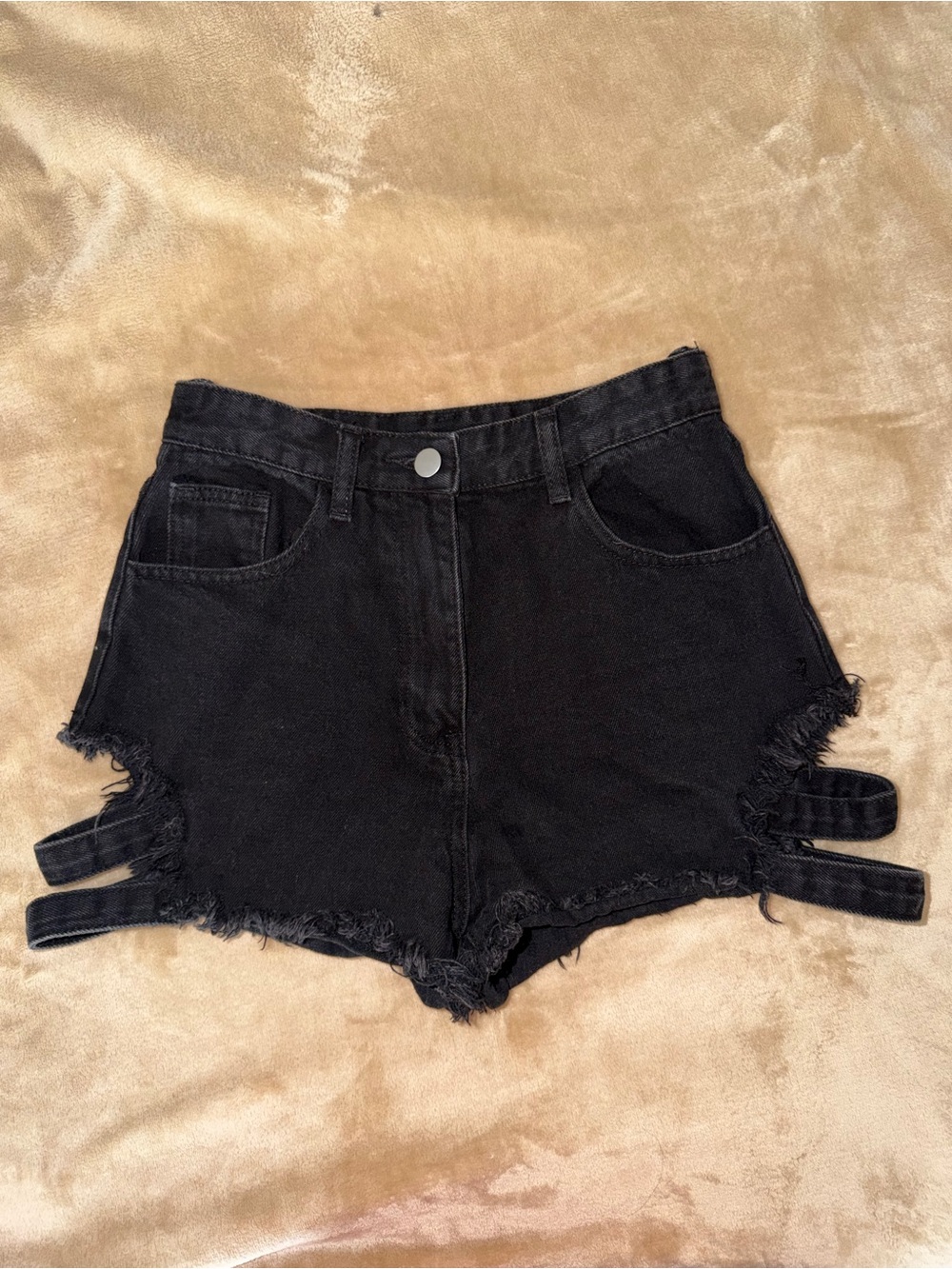 Windsor Black High-Rise Denim Cutoff Shorts with Side Strap Detail